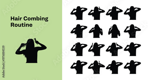 Detailed vector illustration showing a woman performing a daily hair combing routine with a small plastic comb