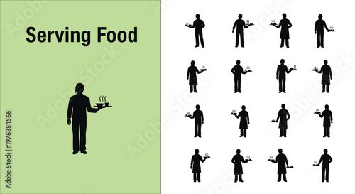 Professional vector illustration of waiters holding trays to serve hot food in a restaurant dining establishment setting
