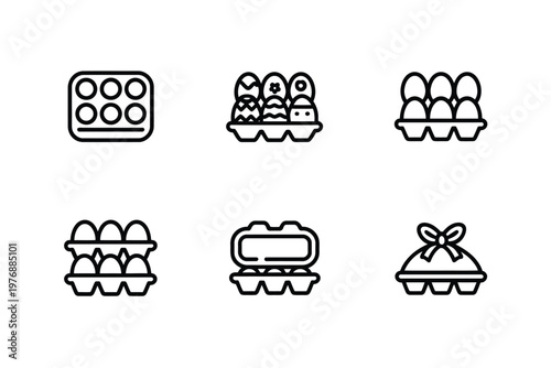 A set of black and white icons depicting egg cartons and eggs