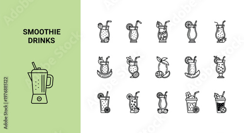 A versatile vector graphic illustration set of healthy smoothie drinks and a blender icon for fresh beverage designs.