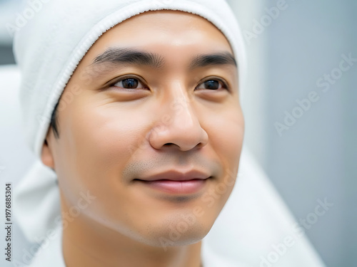 Close up portrait of asian man with neutral expression and head covering
