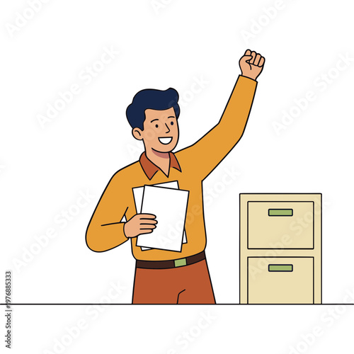 Man celebrating with papers in office setting near filing cabinet