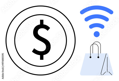 E-commerce, online shopping, wireless transactions, digital payments, retail innovation, internet services. Dollar symbol surrounded by a circle, wireless icon above a shopping bag. E-commerce