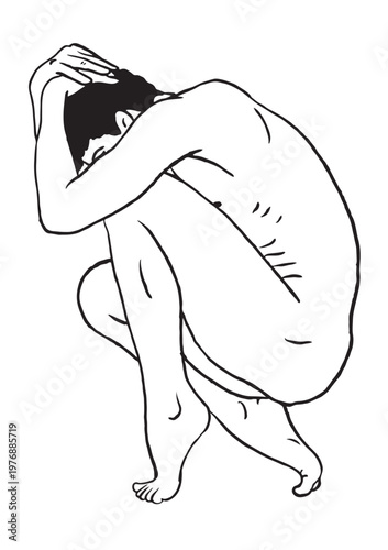 Hand-drawn black ink vector illustration depicting a cartoon-style sketch of a young man and a boy sitting curled up.