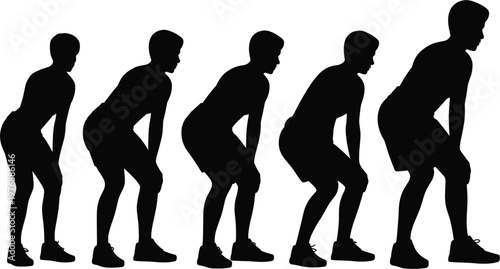 Athletic man performing squat exercise silhouette set, black vector illustration for fitness training and gym workout