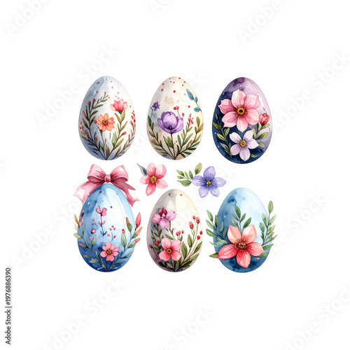 A vibrant spring celebration, highlighted by Easter eggs painted on a white background.