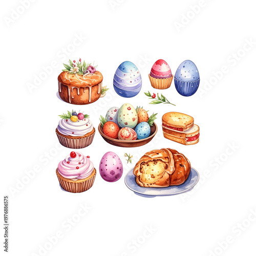 A vibrant spring celebration, highlighted by Easter eggs painted on a white background.