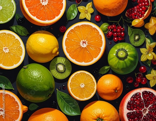 A vibrant arrangement of various sliced and whole fruits