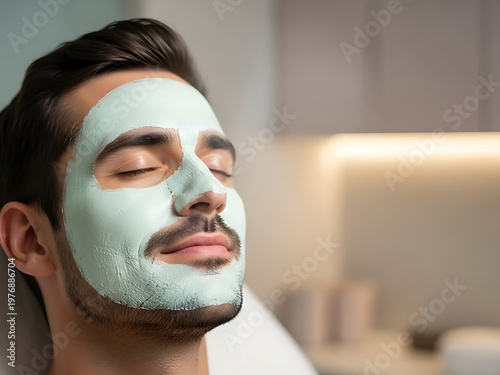 Man with facial mask relaxing eyes closed in spa salon for skin treatment