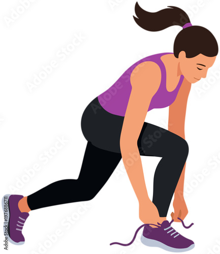 Woman in athletic wear tying her purple sneakers outdoors in a running stance.