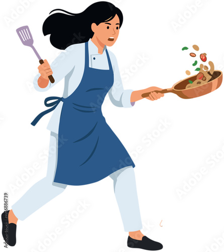 Woman cooks food enthusiastically in kitchen with apron on.