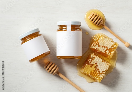 Honey jars with dippers and honeycomb on a white wooden surface