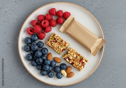 Healthy breakfast plate with berries and granola bars on a neutral surface