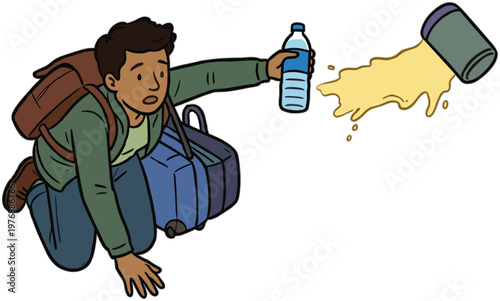 Man spills juice while crouching with backpack and luggage.