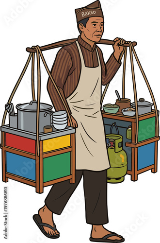 Street vendor carrying food cart with pots and dishes on a busy day