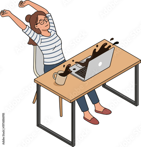 Woman stretches at desk with exploding laptop and coffee mug nearby