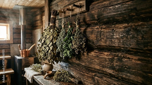 Cuadro en lienzo Dried herbal brooms hanging in a rustic wooden sauna