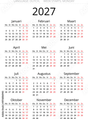 Dutch language calendar for the year 2027 displaying months january through december with days of the week and dates in a grid layout keywords: calendar, 2027, dutch, language, januari