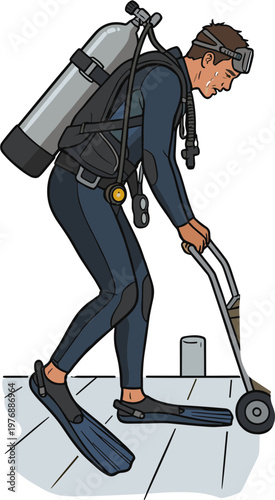 Scuba diver walks on dock with scooter and gear on back