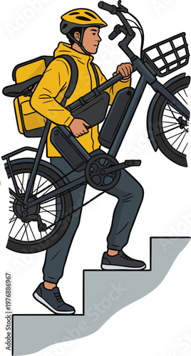 A delivery person wearing a yellow jacket carries a bicycle up stairs.