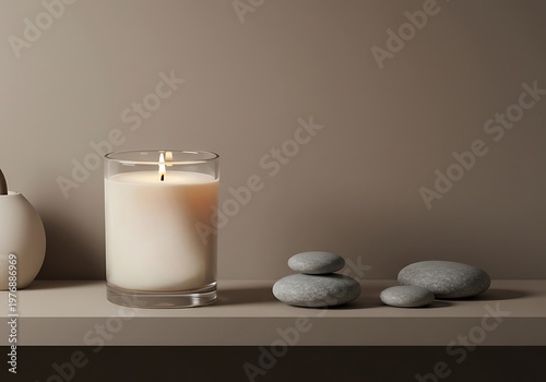 Lit candle and smooth stones on a shelf against neutral background