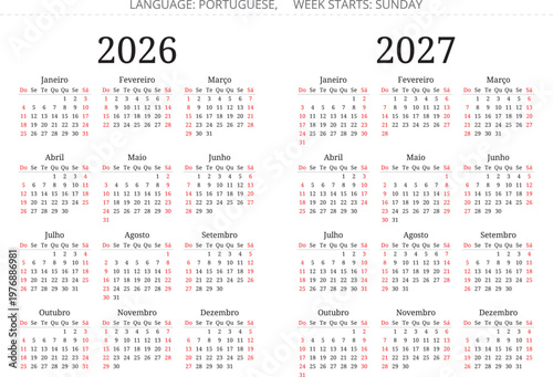 Dual year portuguese language calendar for 2026 and 2027 showing twelve months each with sunday as the first day of the week in red and black text on white paper