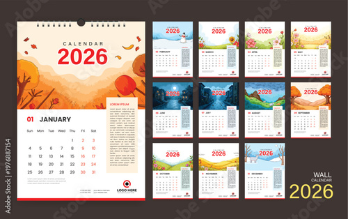 Detailed 2026 wall calendar showcasing twelve months with distinct seasonal and a january preview page with a spiral binding and red accents for organizational planning and visual appeal