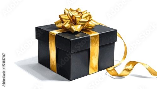 A sleek black gift box with a vibrant gold ribbon and bow on a white background, casting a subtle shadow