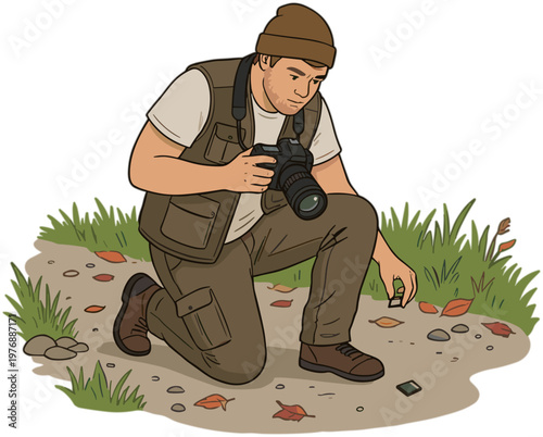 Photographer crouches on ground examining leaves with camera around neck