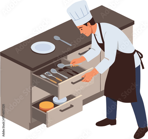 A chef organizes utensils in a kitchen drawer at a modern counter.