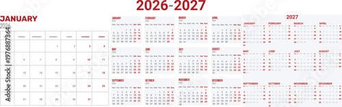 Comprehensive 2026 and 2027 calendar grid layout featuring a january 2026 monthly planner and subsequent monthly views for both years in a clean, minimalist red and white for efficient scheduling