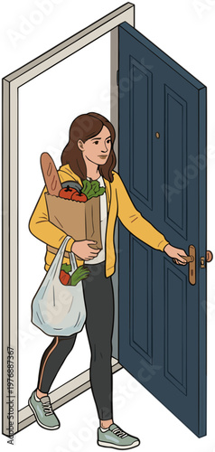 Woman entering house with grocery bag and bread in hand carefully