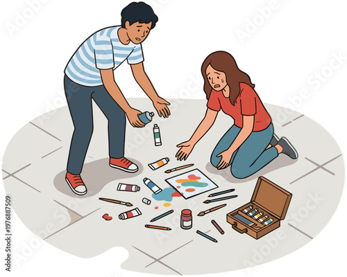 Two people are painting on a sidewalk with various art supplies scattered around them.