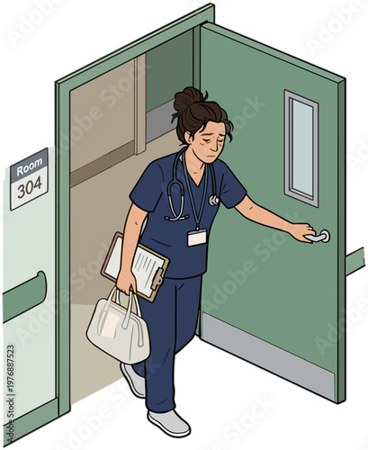 A nurse opens the door to a hospital room with a bag and files in hand.