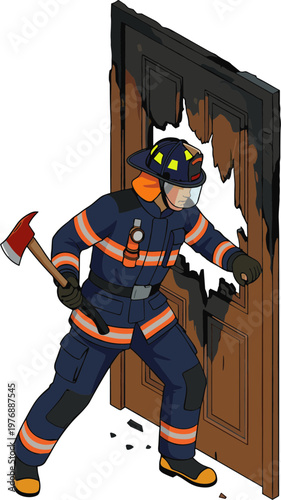 Firefighter breaks through damaged door with axe in hand cautiously
