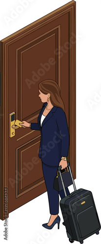 A businesswoman opens a door with a suitcase in hand standing in a hallway