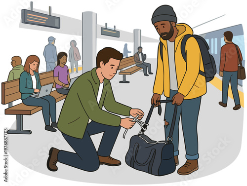 Man helping another man with luggage at a busy train station platform.