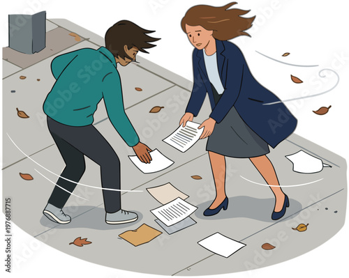 People picking up papers on a sidewalk on a windy day outdoors.