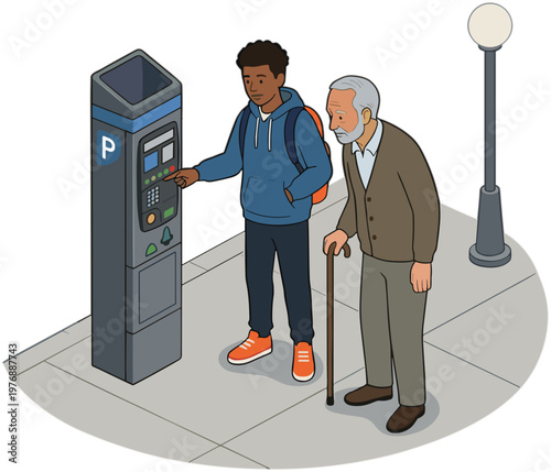 A young man helps an elderly man using a parking meter on a sidewalk.