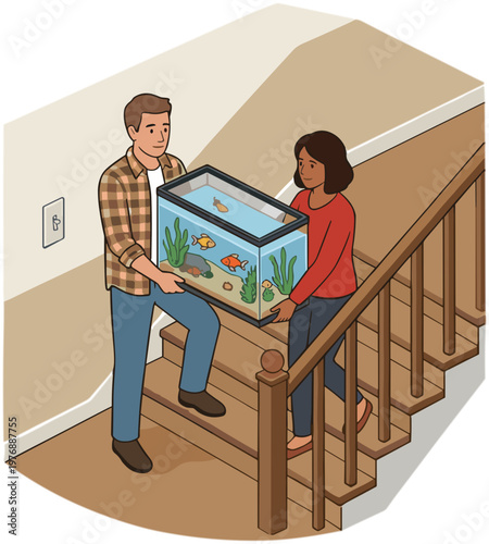 Man and woman carrying a fish tank up the stairs together indoors