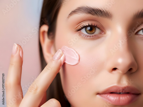Woman applying cosmetic cream product to her cheek beauty concept skincare