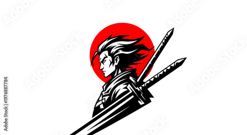 Warrior stands heroically holding swords against a red sun backdrop