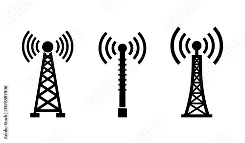 Radio tower and signal vector icons base station telecommunication network silhouette isolated on white