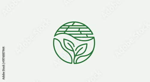 A minimalist green logo featuring a stylized globe with leaves on a light background