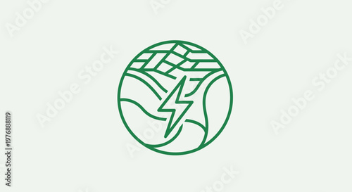 Green icon of lightning on a windy day with waves and clouds