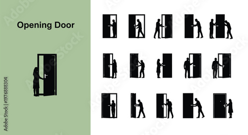 Flat vector illustration set showing diverse people opening and closing various doors in a professional office building layout