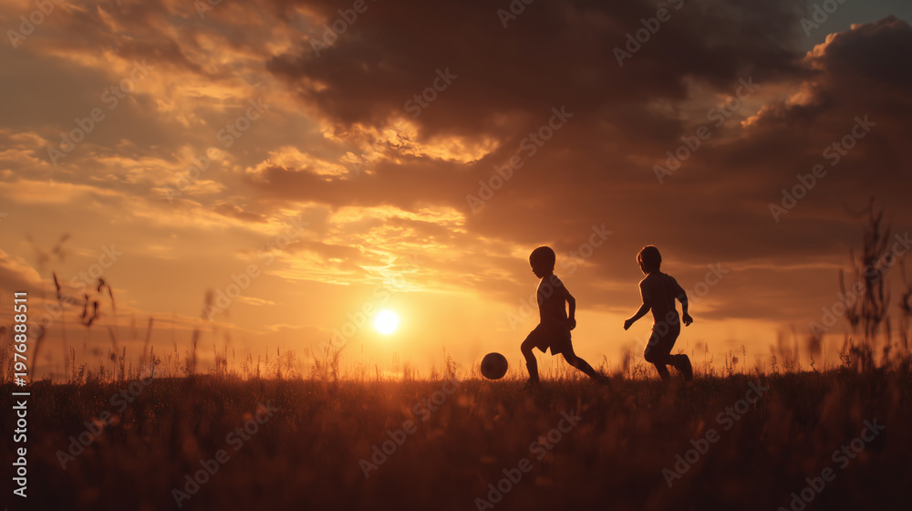 Fototapeta premium Two Boys Playing Soccer at Sunset Silhouette