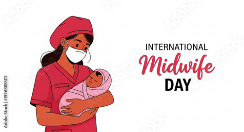 International Midwife Day illustration with midwife holding newborn baby