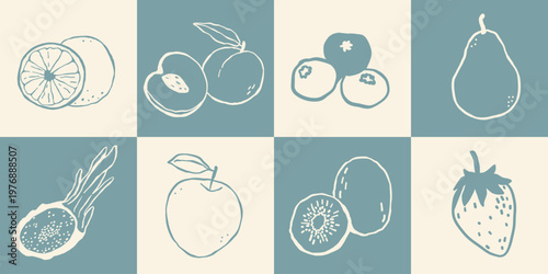 Fresh fruits seamless pattern line art outline style bundle set background vector illustration template in a blue color , healthy food and vitamins .