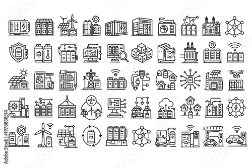 An array of meticulously crafted vector icons representing sustainable energy and technology solutions, each symbol a testament to innovation and environmental consciousness.